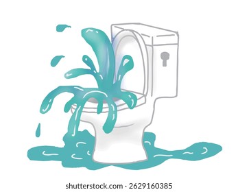 Illustration of a Western-style flush toilet overflowing with water
