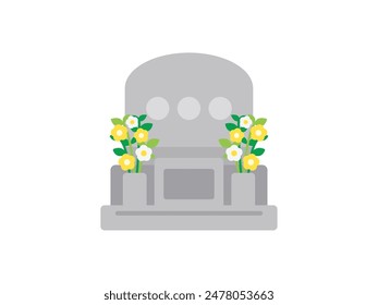 Una ilustración de una lápida de estilo occidental con flores como ofrenda.