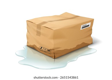 Illustration of a wet cardboard package with water puddle on white background. The image conveys a sense of damaged shipping or handling issues in ecommerce.