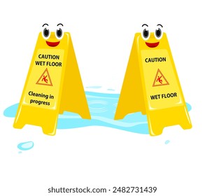 Illustration of wet floor caution sign with puddles of water and white background. Warning with yellow plastic board. Suitable for children's learning books and other designs.