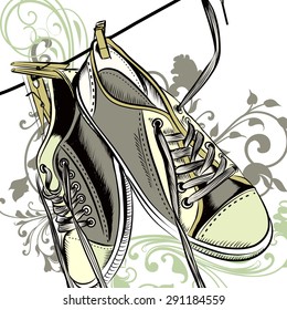 Illustration with wet sport boots hang on a clothesline