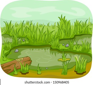 Illustration of Wetlands with a Log and Leaves Lying Around