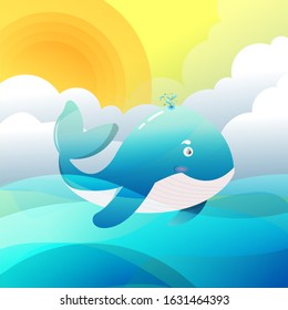  illustration of a whale animal happily on the top ocean in the morning vector