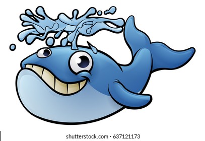 An illustration of a whale cartoon character squirting water from its blow hole