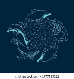 illustration with whale, dolphin and small fish, vector design for paper, fabric and other surface