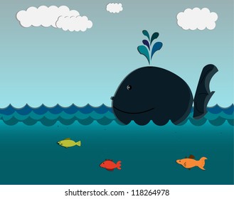 Illustration of whale and fishes in the sea