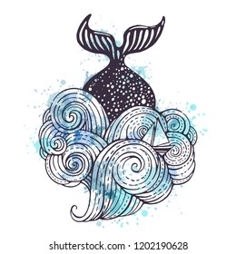 Illustration with a whale in the ocean. Can be used for cards, print and etc.
