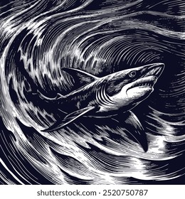 illustration of a whale in the rolling waves. illustrations with engraving style in black and white