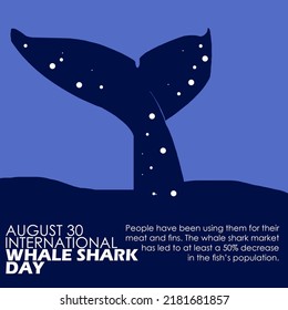 Illustration of whale shark tail above sea level with bold text and sentences on blue background to commemorate International Whale Shark Day August 30