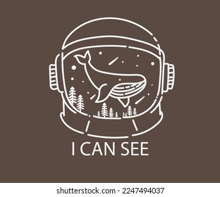 Illustration of a whale in the sky inside an astronaut helmet