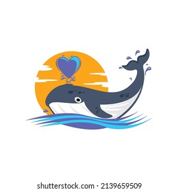 illustration of a whale spouting water in the shape of a blue heart vector icon