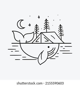 illustration of a whale swimming with a camping tent in the night sky