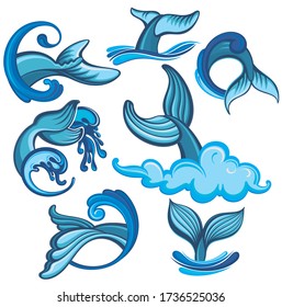 Ilustración de la cola de ballena en la superficie del vector marino. Colas de colas de ballena
