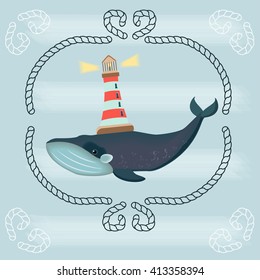 Illustration with whale that keeps a lighthouse on the back.