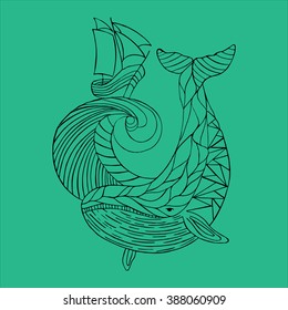 Illustration of a whale, wave, ship