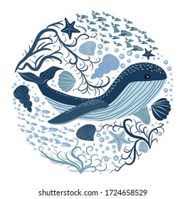 illustration with whales. Beautiful poster with marine mammals. Card with sea animal