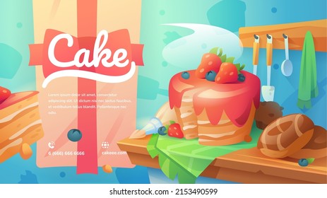 An illustration of what is baked strawberry cake with pink icing. Ideal for developing websites, menus, business cards, banners, posters, covers, flyers. (Nunito and Pacifico fonts)