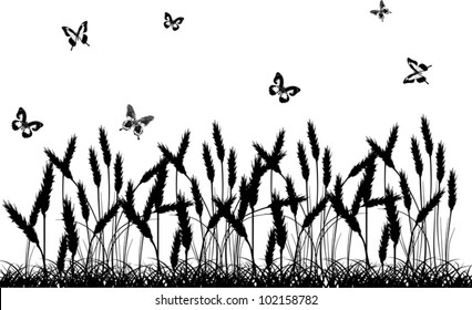 illustration with wheat and butterflies silhouettes isolated on white background