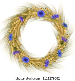 Illustration of wheat ear wreath with cornflowers isolated
