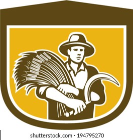 Illustration of wheat farmer with crop produce harvest and holding scythe facing front set inside shield crest shape in background done in retro style.