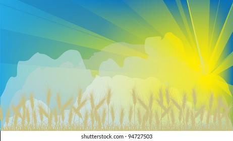 illustration with wheat field at sunset