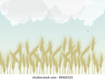 ilustración con campo de trigo bajo cielo en la nube