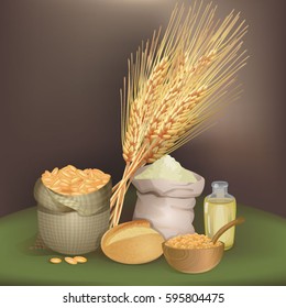 Illustration with wheat foodstuff / There are sack with wheat grains, flour, one bread, oil bottle, and wheat ears
