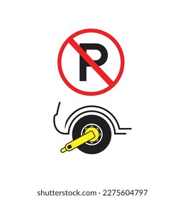 illustration of wheel clamp and no parking symbol.