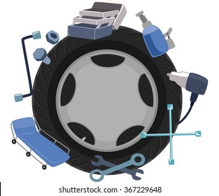 Illustration of a Wheel Surrounded by Mechanical Tools