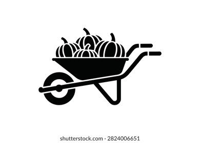 Illustration of wheelbarrow filled with pumpkins. Ideal for fall harvest, Halloween, Thanksgiving themes. Symbolizes bounty and seasonal celebration.
