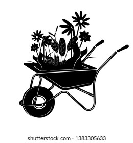 Illustration of a wheelbarrow with flowers in a simple style. Vector gardening icon in black color. For web design, banner, poster.
