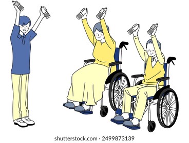 Illustration of wheelchair group rehabilitated with plastic bottles