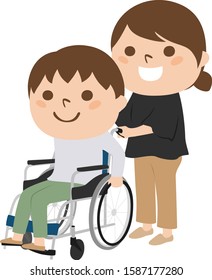 Illustration of wheelchair. young man sitting in a wheelchair. caregiver for disabled person.