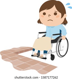 Illustration of wheelchair. Young woman sitting in a wheelchair. The step is an obstacle.