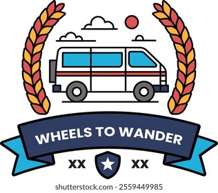 A illustration for Wheels to Wander that features a van and a ribbon