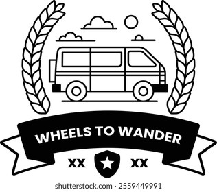 A illustration for Wheels to Wander that features a van and a ribbon