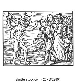 The illustration when the demon is going to people. The medieval art.