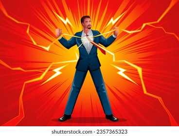 Illustration where a businessman is energized and empowered by a lightning bolt. Metaphor for ambition, innovation, and the spark of inspiration