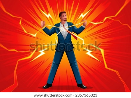 Illustration where a businessman is energized and empowered by a lightning bolt. Metaphor for ambition, innovation, and the spark of inspiration Foto stock © 