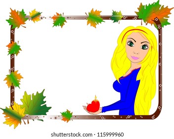 illustration of where the girl holds a candle in his hand in a frame of maple leaves