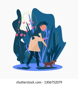 
An illustration where a girl walks with a phone and a dog. Social networks. Vector.