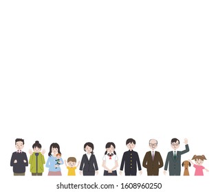 Illustration where many old and young men and women are lined up side by side