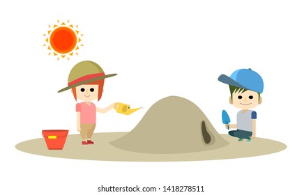 Illustration where two children of boy and girl wear hats in the hot summer sandbox and play against heatstroke