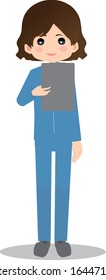 Illustration where a woman wearing work clothes is watching the material