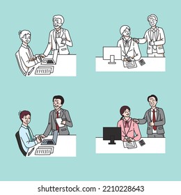 Es una ilustración en la que el jefe da instrucciones de trabajo a empleados de ambos sexos.