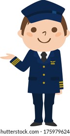 An illustration in which a male pilot of an airplane guides with a smile.