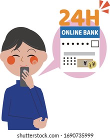 The illustration for which a man uses a site of an open 24 hours online bank
