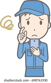 An illustration in which a man wearing work clothing has a smartphone
