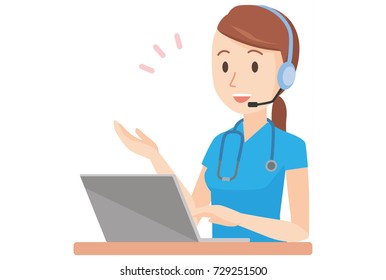 Illustration in which a nurse wearing a blue scrub is talking with a headset