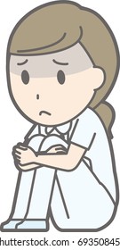 Illustration in which a nurse wearing a white suit is crouching with a troubled look